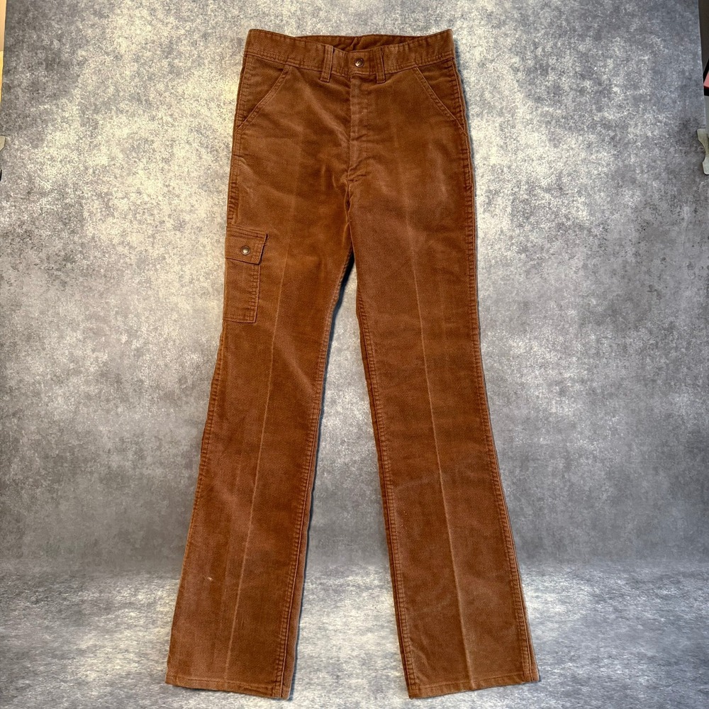 Vintage 70s Sears Put On Shop Brown Textured Bell Bottom Pants Men's 28 x 34